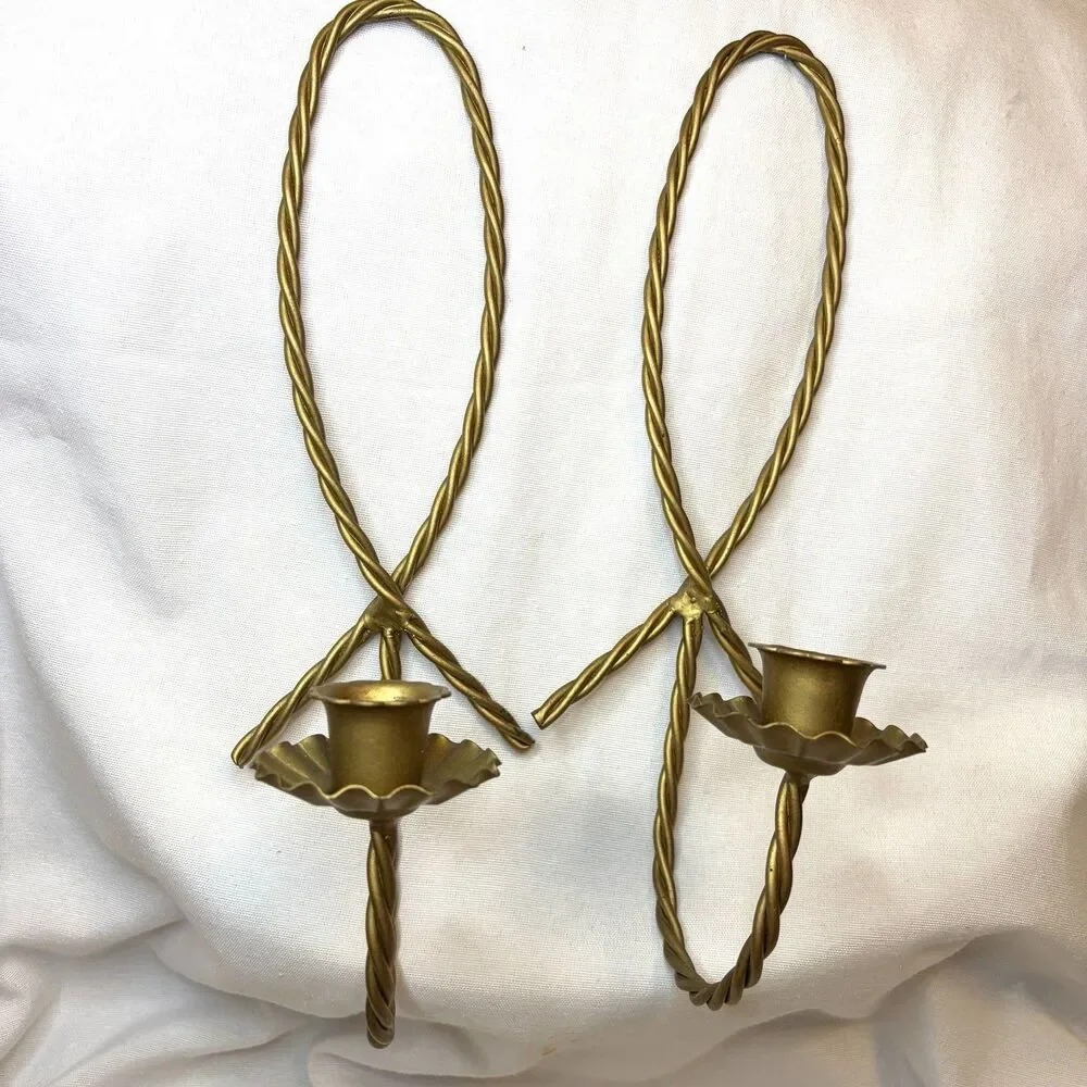 Set of 2 Home Interior Homco Metal Twisted Gold Rope Candle Holder Wall Sconces